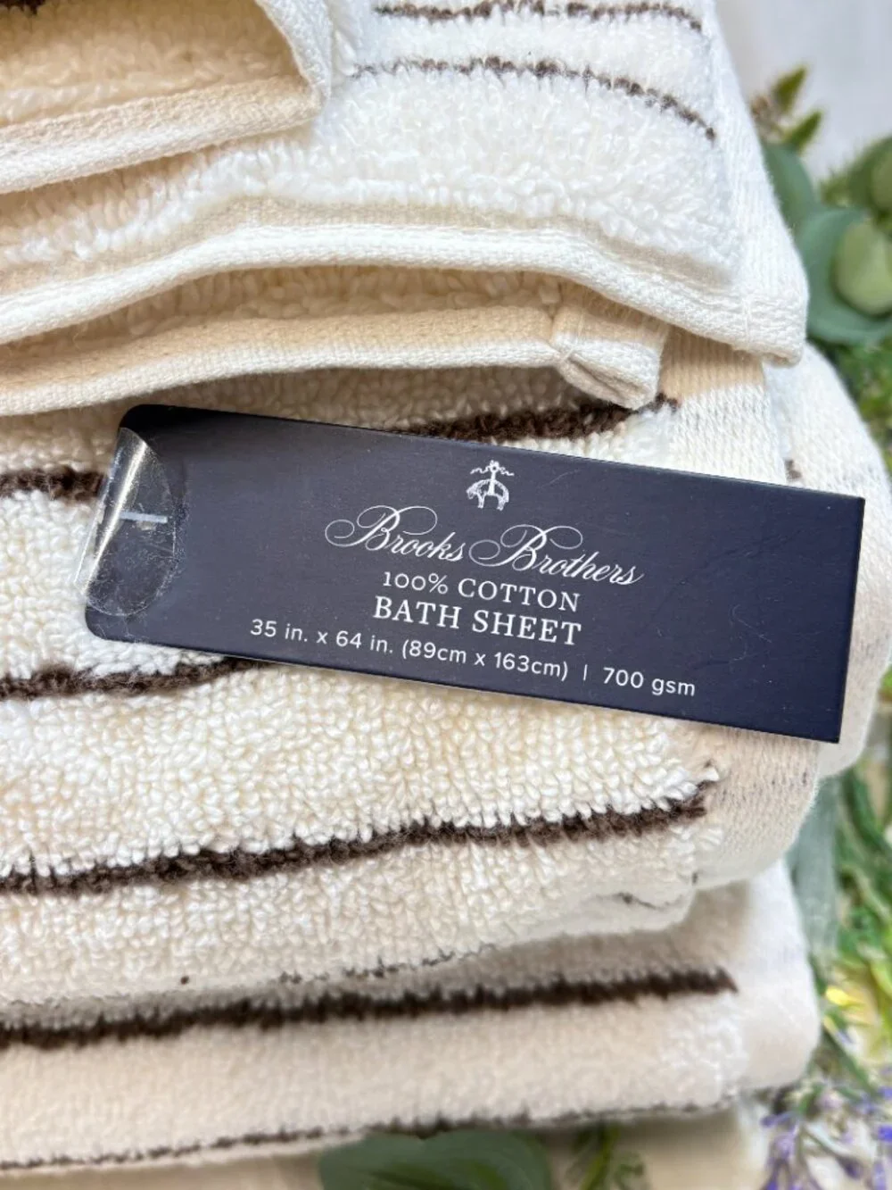 2 BROOKS BROTHERS Premium Turkish Bath Sheet Striped Ivory & Dark Brown 700 Gsm